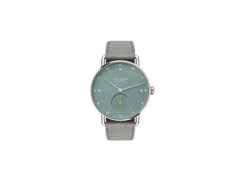 Nomos Glashütte Metro 33 Sage Handaufzug Edelstahl 33mm grünes Zifferblatt graues Lederband Glasboden – Damenuhren Uhr ohne Datum aus Edelstahl und Leder. Das Gehäuse ist rund und silber. Das Lederarmband ist grau. Das Zifferblatt ist ein Index in grün.