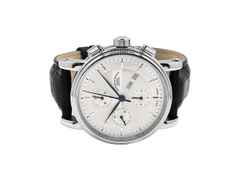 Mühle Glashütte Teutonia II Chronograph Automatik Edelstahl 42mm silbernes Zifferblatt schwarzes Lederband M1-30-95 Full Set mit Garantie Occasion Refurbished – Herrenuhren Uhr mit Datum aus Edelstahl und Leder. Das Gehäuse ist rund und silber. Das Lederarmband ist schwarz. Das Zifferblatt ist ein Index in weiß.