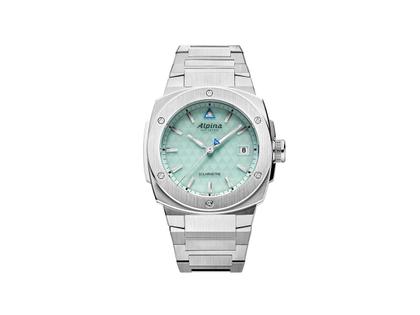 Herrenuhren Uhr mit Datum aus Edelstahl. Das Gehäuse ist rund und silber. Das Edelstahlarmband ist silber. Das Zifferblatt ist ein Index in türkis.