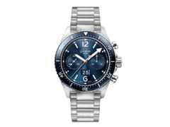 Glashütte Original SeaQ Chronograph Automatik Edelstahl 43mm blaues Zifferblatt Metallband – Herrenuhren Chronograph aus Edelstahl und Keramik. Das Gehäuse ist rund und silber. Das Edelstahlarmband ist silber. Das Zifferblatt ist arabisch Index und blau.