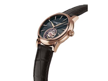 Frederique Constant Classic Tourbillon Manufacture Limited Edition Automatik Roségold 39mm dunkles Zifferblatt braunes Lederband – Herrenuhren Uhr ohne Datum aus 750 Rotgold. Das Gehäuse ist rund und roségold. Das Lederarmband Kroko / Alligator ist braun. Das Zifferblatt ist ein Index in grau. – Ansicht 3