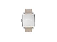 Nomos Glashütte Tetra Origins Basalt Handaufzug Edelstahl 29,5mm schwarzes Zifferblatt graues Lederband Stahlboden – Damenuhren Uhr ohne Datum aus Edelstahl und Leder. Das Gehäuse ist quadratisch und silber. Das Lederarmband ist grau. Das Zifferblatt ist arabisch Index und schwarz. – Ansicht 2