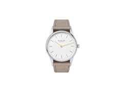Nomos Glashütte Orion 33 Duo Handaufzug Edelstahl 33mm weißes Zifferblatt beiges Lederband Stahlboden – Damenuhren Uhr ohne Datum aus Edelstahl. Das Gehäuse ist rund und silber. Das Lederarmband ist beige. Das Zifferblatt ist ein Index in beige.