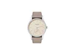 Nomos Glashütte Orion 33 Champagner Handaufzug Edelstahl 33mm beiges Zifferblatt beiges Lederband Glasboden – Damenuhren Uhr ohne Datum aus Edelstahl und Leder. Das Gehäuse ist rund und silber. Das Lederarmband ist beige. Das Zifferblatt ist ein Index in beige.