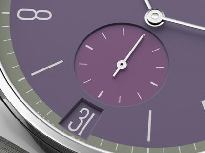 Nomos Glashütte Tangente 38 Datum "175 Years Watchmaking - Mauvegrün" Handaufzug Edelstahl violettes Zifferblatt graues Textilband Glasboden – Herrenuhren Uhr mit Datum aus Edelstahl. Das Gehäuse ist rund und silber. Das Textilarmband ist grau. Das Zifferblatt ist arabisch Index und lila. – Ansicht 5