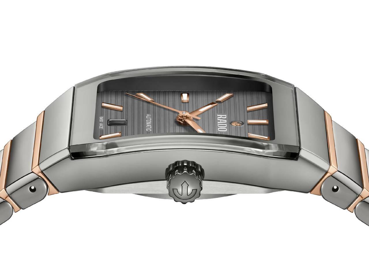 Rado Anatom Automatik Keramik 32,5mm graues Zifferblatt graues Keramikband – Damenuhren Uhr mit Datum aus Edelstahl, Keramik und PVD beschichtet. Das Gehäuse ist rechteckig und grau. Das Keramikarmband ist grau. Das Zifferblatt ist ein Index in grau. – Ansicht 3