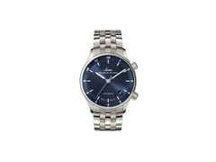Sinn Spezialuhren 6033 B Frankfurter Finanzplatzuhr Limited Edition Automatik Edelstahl 34mm blaues Zifferblatt Metallband – Herrenuhren Uhr mit Datum aus Edelstahl. Das Gehäuse ist rund und silber. Das Edelstahlarmband ist silber. Das Zifferblatt ist arabisch Index und blau.