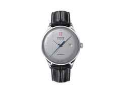 Union Glashütte Noramis Datum Paul Pietsch Sonderedition Automatik Edelstahl 40mm silbernes Zifferblatt schwarzes Lederband – Herrenuhren Uhr mit Datum aus Edelstahl. Das Gehäuse ist rund und silber. Das Lederarmband ist schwarz. Das Zifferblatt ist ein Index in silber.