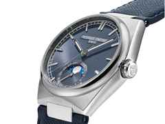 Frederique Constant Highlife Moonphase Date Manufacture Automatik Edelstahl 39mm blaues Zifferblatt Metallband und blaues Lederband – Herrenuhren Uhr mit Datum aus Edelstahl und Leder. Das Gehäuse ist rund und silber. Das Edelstahlarmband ist silber. Das Zifferblatt ist ein Index in blau. – Ansicht 5