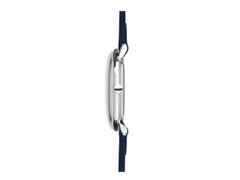 Junghans Max Bill Damen Quarz Edelstahl 32,7mm weißes Zifferblatt dunkelblaues Lederband – Damenuhren Uhr mit Datum aus Edelstahl. Das Gehäuse ist rund und silber. Das Lederarmband ist blau. Das Zifferblatt ist arabisch Index und weiß. – Ansicht 3