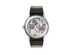 Nomos Glashütte Orion 33 1989 Handaufzug Edelstahl 33mm graues Zifferblatt schwarzes Lederband Glasboden – Damenuhren Uhr ohne Datum aus Edelstahl und Leder. Das Gehäuse ist rund und silber. Das Lederarmband ist anthrazit. Das Zifferblatt ist ein Index in anthrazit. – Ansicht 2