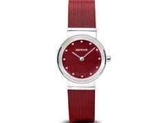 Bering 10126 Edelstahl Damenuhr rotes Zifferblatt rotes Edelstahlband – Damenuhren Uhr ohne Datum aus Edelstahl.