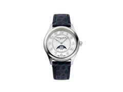 Frederique Constant Classics Elegance Luna Automatik Edelstahl 36mm weißes Zifferblatt blaues Lederband – Damenuhren Uhr ohne Datum aus Edelstahl und Leder. Das Gehäuse ist rund und silber. Das Lederarmband ist blau. Das Zifferblatt ist arabisch und weiß.