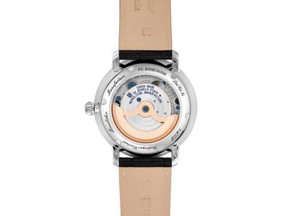 Frederique Constant Classics Monolithic Manufacture Automatik Edelstahl 40mm silberfarbenes Zifferblatt schwarzes Lederband – Herrenuhren Uhr mit Datum aus Edelstahl und Leder. Das Gehäuse ist rund und silber. Das Lederarmband Kroko / Alligator ist schwarz. Das Zifferblatt ist römisch und silber. – Ansicht 4