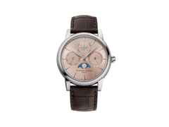 Frederique Constant Classic Perpetual Calendar Manufacture Automatik Edelstahl 40mm lachsfarbenes Zifferblatt Lederband – Herrenuhren Uhr mit Kalender aus Edelstahl. Das Gehäuse ist rund und silber. Das Lederarmband Kroko / Alligator ist braun. Das Zifferblatt ist ein Index in roségold.