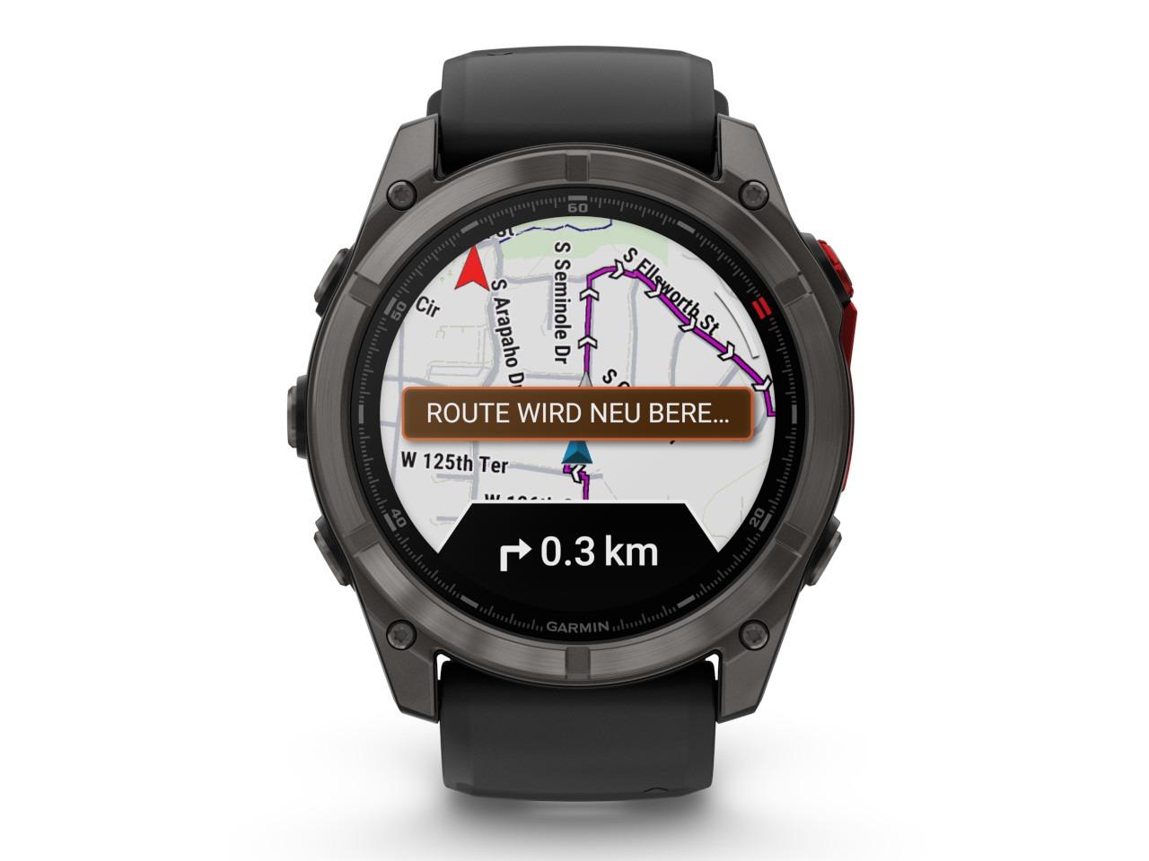 Garmin fenix 8 Pro 51mm MicroLED faserverstärktes Polymer Titan carbongrau beschichtet schwarzes Silikonband – Herrenuhren Uhr Multifunktion aus DLC beschichtet, Kautschuk und Titan. Das Gehäuse ist rund und schwarz. Das Kautschuk / Kunststoff / Silikon Armband ist schwarz. Das Zifferblatt ist digital und schwarz. – Ansicht 2