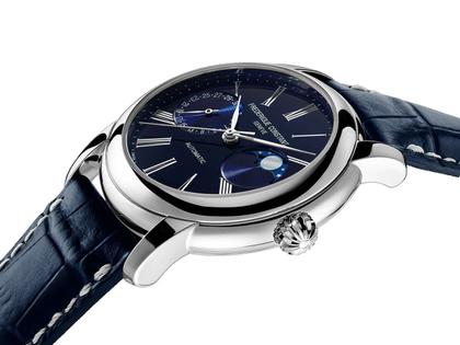 Frederique Constant Classics Moonphase Manufacture Automatik Edelstahl 42mm blaues Zifferblatt blaues Lederband – Herrenuhren Uhr mit Datum aus Edelstahl und Leder. Das Gehäuse ist rund und silber. Das Lederarmband ist blau. Das Zifferblatt ist römisch und blau. – Ansicht 3