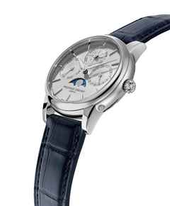 Frederique Constant Classic Perpetual Calendar Manufacture Automatik Edelstahl 40mm silbernes Zifferblatt Lederband – Herrenuhren Uhr mit Kalender aus Edelstahl. Das Gehäuse ist rund und silber. Das Lederarmband Kroko / Alligator ist blau. Das Zifferblatt ist ein Index in silber. – Ansicht 2