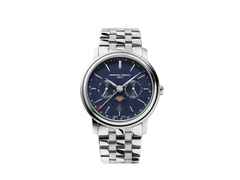 Frederique Constant Classics Index Business Timer Quarz Edelstahl 40mm blaues Zifferblatt Metallband – Herrenuhren Uhr mit Datum aus Edelstahl. Das Gehäuse ist rund und silber. Das Edelstahlarmband ist silber. Das Zifferblatt ist ein Index in blau.