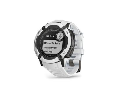 Garmin Instinct 2X Solar faserverstärktes Polymer steinweiß 50 mm Kautschukband steinweiß – Damenuhren Uhr Multifunktion aus Kautschuk und Kunststoff. Das Gehäuse ist rund und weiß. Das Kautschuk / Kunststoff / Silikon Armband ist weiß. Das Zifferblatt ist digital und schwarz. – Ansicht 2