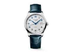 Longines Master Collection Automatik Edelstahl 39mm silbernes Zifferblatt blaues Lederband – Herrenuhren Uhr mit Datum aus Edelstahl und Leder. Das Gehäuse ist rund und silber. Das Lederarmband Kroko / Alligator ist blau. Das Zifferblatt ist arabisch und silber.