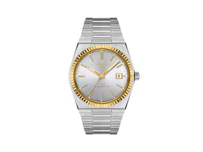 Tissot PRX Automatik Edelstahl 40mm silbernes Zifferblatt Metallband – Herrenuhren Uhr mit Datum aus 750 Gelbgold und Edelstahl. Das Gehäuse ist rund und silber-gelbgold. Das Edelstahlarmband ist silber. Das Zifferblatt ist ein Index in silber.