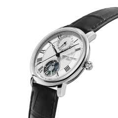 Frederique Constant Classics Monolithic Manufacture Automatik Edelstahl 40mm silberfarbenes Zifferblatt schwarzes Lederband – Herrenuhren Uhr mit Datum aus Edelstahl und Leder. Das Gehäuse ist rund und silber. Das Lederarmband Kroko / Alligator ist schwarz. Das Zifferblatt ist römisch und silber. – Ansicht 2