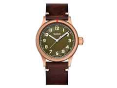 Hanhart Pioneer One Bronze grünes Zifferblatt Limited Edition – Herrenuhren Uhr mit Datum aus Bronze und Edelstahl. Das Gehäuse ist rund und roségold. Das Lederarmband ist braun. Das Zifferblatt ist arabisch und grün.