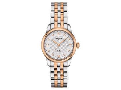 Tissot Le Locle Damenuhr Automatic Edelstahl rose PVD Edelstahlband mit Diamanten – Damenuhren Uhr mit Datum aus Edelstahl und PVD beschichtet. Das Gehäuse ist rund und roségold. Das Edelstahlarmband ist silber. Das Zifferblatt ist römisch Index und weiß.