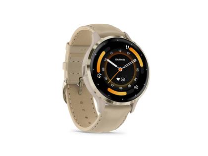 Garmin Venu 3S faserverstärktes Polymer French Grey 41mm beigefarbenes Lederband – Herrenuhren Uhr Multifunktion aus Edelstahl, Kautschuk, Kunststoff, Leder und PVD beschichtet. Das Gehäuse ist rund und beige. Das Lederarmband ist beige. Das Zifferblatt ist digital und schwarz. – Ansicht 5