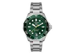 TAG Heuer Aquaracer Professional 300 Date Automatik Edelstahl 42mm grünes Zifferblatt Metallband – Herrenuhren Uhr mit Datum aus Edelstahl und Keramik. Das Gehäuse ist rund und silber. Das Edelstahlarmband ist silber. Das Zifferblatt ist ein Index in grün.