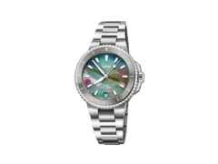 Oris Aquis Date Upcycle Automatik Edelstahl 36,5mm mehrfarbiges Zifferblatt Metallband – Damenuhren Uhr mit Datum aus Edelstahl und Keramik. Das Gehäuse ist rund und silber. Das Edelstahlarmband ist silber. Das Zifferblatt ist ein Index in mehrfarbig.