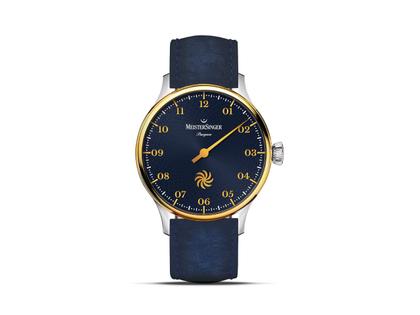 MeisterSinger Pangaea Automatik Edelstahl PVD-Gelbgold 40mm blaues Zifferblatt blaues Lederband – Herrenuhren Uhr ohne Datum aus Edelstahl und PVD beschichtet. Das Gehäuse ist rund und silber-gelbgold. Das Lederarmband ist blau. Das Zifferblatt ist arabisch und blau.
