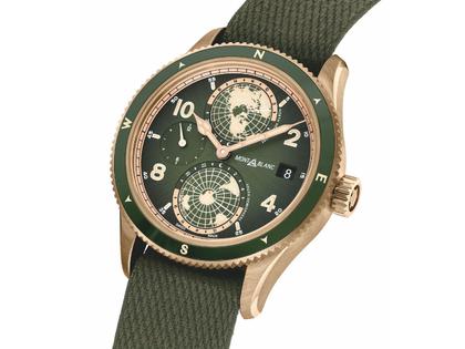 Montblanc 1858 Automatic Geosphere Bronze  Limited Edition Khaki green – Herrenuhren Uhr mit Datum aus Bronze, Edelstahl und Titan. Das Gehäuse ist rund und roségold. Das Textilarmband ist grün. Das Zifferblatt ist arabisch Index und grün. – Ansicht 2