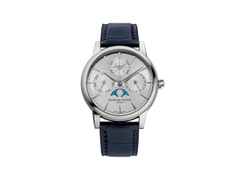 Frederique Constant Classic Perpetual Calendar Manufacture Automatik Edelstahl 40mm silbernes Zifferblatt Lederband – Herrenuhren Uhr mit Kalender aus Edelstahl. Das Gehäuse ist rund und silber. Das Lederarmband Kroko / Alligator ist blau. Das Zifferblatt ist ein Index in silber.