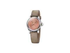 Oris Big Crown Pointer Date Automatik Edelstahl 29mm rosa Zifferblatt braunes Lederband – Damenuhren Uhr mit Datum aus Edelstahl. Das Gehäuse ist rund und silber. Das Lederarmband ist braun. Das Zifferblatt ist ohne Zeichen und rosa.