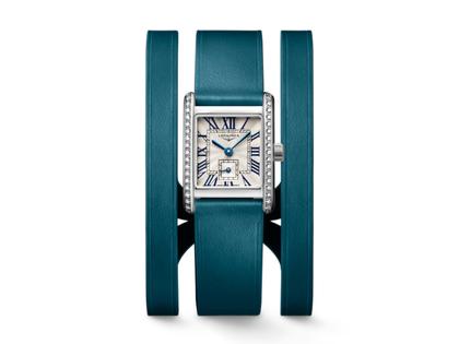 Longines DolceVita   Mini Quarz Edelstahl 22x29mm silbernes Zifferblatt blaues Lederband – Damenuhren Uhr ohne Datum aus Edelstahl und Leder. Das Gehäuse ist rechteckig und silber. Das Lederarmband ist blau. Das Zifferblatt ist römisch und silber. – Ansicht 6