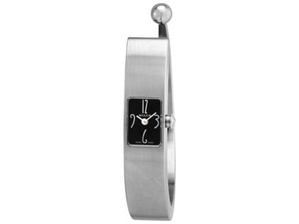 Milus Monocera Damenuhr – Damenuhren Uhr ohne Datum aus . Das Gehäuse ist rechteckig. Das Edelstahlarmband ist silber. Das Zifferblatt ist arabisch und schwarz.