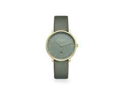 Sternglas Naos XS Edition Flora Quarz Edelstahl PVD-Gelbgold 33mm grünes Zifferblatt grünes Lederband – Damenuhren Uhr mit Datum aus Edelstahl und PVD beschichtet. Das Gehäuse ist rund und gelbgold. Das Lederarmband ist grün. Das Zifferblatt ist ein Index in grün.