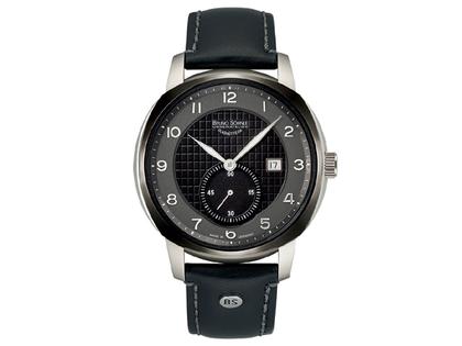 Herrenuhren Uhr mit Datum aus Edelstahl und Keramik. Das Gehäuse ist sonstige Form und silber. Das Lederarmband ist schwarz. Das Zifferblatt ist arabisch und schwarz.