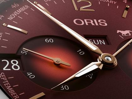 Oris Artelier Calibre 113 Year of the Horse Handaufzug Edelstahl 43mm rotes Zifferblatt braunes Lederband limitiert – Herrenuhren Uhr mit Datum aus Edelstahl und Leder. Das Gehäuse ist rund und silber. Das Lederarmband ist braun. Das Zifferblatt ist arabisch Index und rot. – Ansicht 2