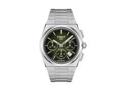 Tissot PRX Chronograph Automatik Edelstahl 42mm grünes Zifferblatt Metallband – Herrenuhren Chronograph aus Edelstahl. Das Gehäuse ist rund und silber. Das Edelstahlarmband ist silber. Das Zifferblatt ist ein Index in grün.