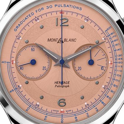 Montblanc Heritage  Handaufzug Pulsograph 40 mm Edelstahl lachsfarben schwarzes Lederband – Herrenuhren Chronograph aus Edelstahl. Das Gehäuse ist rund und silber. Das Lederarmband Kroko / Alligator ist grau. Das Zifferblatt ist arabisch Index und orange. – Ansicht 2