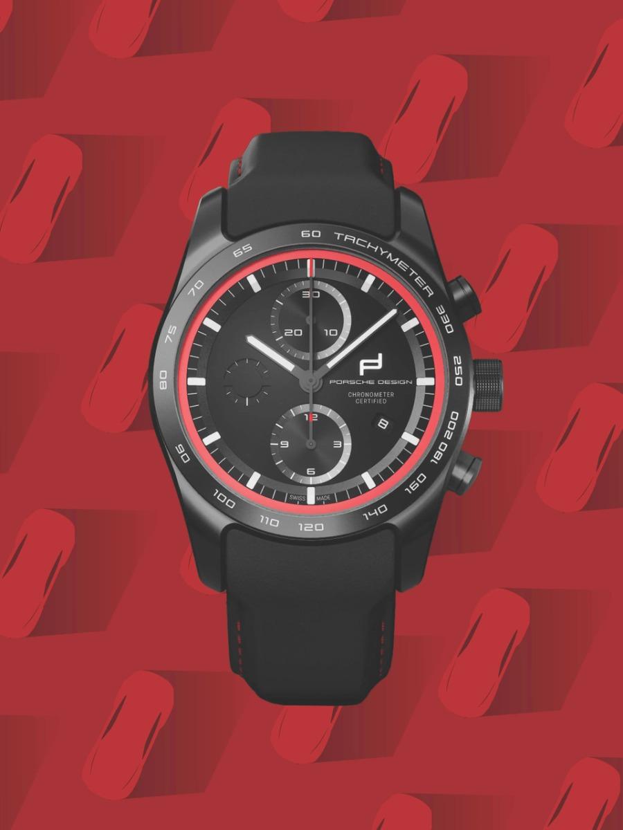 Porsche Design Custom Built Timepieces Watchmakers Choice "IndischRot" Chronograph Automatik Titan Schwarz 42mm schwarzes Zifferblatt schwarzes Lederband – Herrenuhren Chronograph aus Edelstahl, Leder, Titan und Titancarbid beschichtet. Das Gehäuse ist rund und schwarz. Das Lederarmband ist schwarz. Das Zifferblatt ist ein Index in schwarz. – Ansicht 5