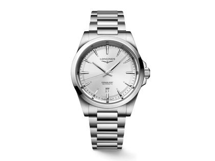 Longines Conquest Automatik Edelstahl 41mm silbernes Zifferblatt Metallband – Herrenuhren Uhr mit Datum aus Edelstahl. Das Gehäuse ist rund und silber. Das Edelstahlarmband ist silber. Das Zifferblatt ist ein Index in silber.