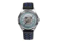 UMF Ruhla Colani Design 2025 Limited Edition Automatik Edelstahl 43mm blaues Zifferblatt schwarzes Lederband – Herrenuhren Uhr mit Datum aus Edelstahl. Das Gehäuse ist rund und silber. Das Lederarmband ist schwarz. Das Zifferblatt ist arabisch Index und blau.
