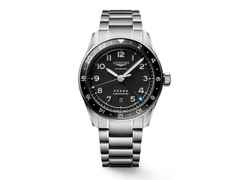 Longines Spirit Zulu Time Automatik Edelstahl 42mm mattschwarzes Zifferblatt Metallband – Herrenuhren Uhr mit Datum aus Edelstahl und Keramik. Das Gehäuse ist rund und silber. Das Edelstahlarmband ist silber. Das Zifferblatt ist arabisch und schwarz.