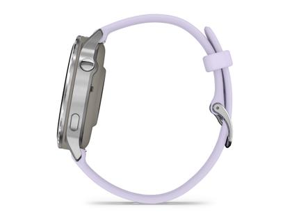 Garmin Venu 4 Quarz Edelstahl und Polymer 41mm digitales Zifferblatt violettes Silikonband – Herrenuhren Uhr Multifunktion aus Edelstahl und Faserverstärktes Polymer. Das Gehäuse ist rund und silber. Das Kautschuk / Kunststoff / Silikon Armband ist lila. Das Zifferblatt ist digital und schwarz. – Ansicht 4