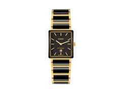 Rado Integral 40-Year Anniversary Quarz Edelstahl Gelbgold-PVD 28,5 x 31,5mm schwarzes Zifferblatt Metallband – Damenuhren Uhr mit Datum aus Edelstahl, Keramik und PVD beschichtet. Das Gehäuse ist rechteckig und gelbgold. Das Edelstahlarmband ist schwarz. Das Zifferblatt ist ein Index in schwarz.