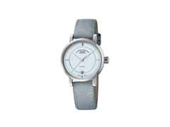 Mühle Glashütte Teutonia IV Lady Automatik Edelstahl 33,5mm pastellblaues Zifferblatt graues Lederband – Damenuhren Uhr mit Datum aus Edelstahl. Das Gehäuse ist rund und silber. Das Lederarmband ist grau. Das Zifferblatt ist ein Index in blau.